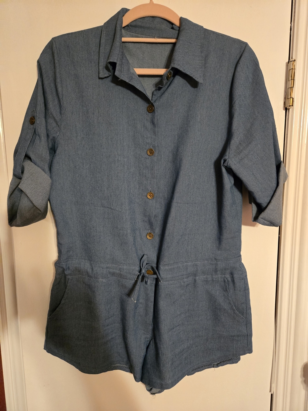 Light Blue Button-Up Short Romper with Drawstring Waist